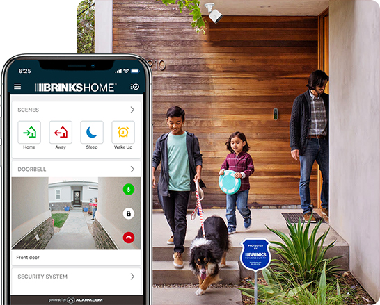 Brinks Home mobile app and family arriving home